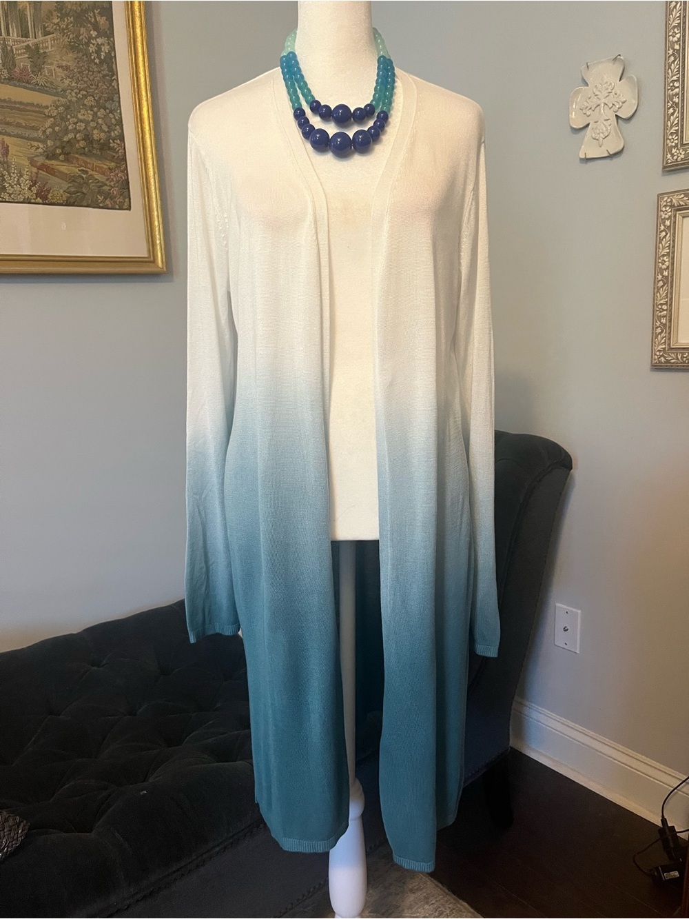 Ombre Open Duster Cardigan in Teal and off White